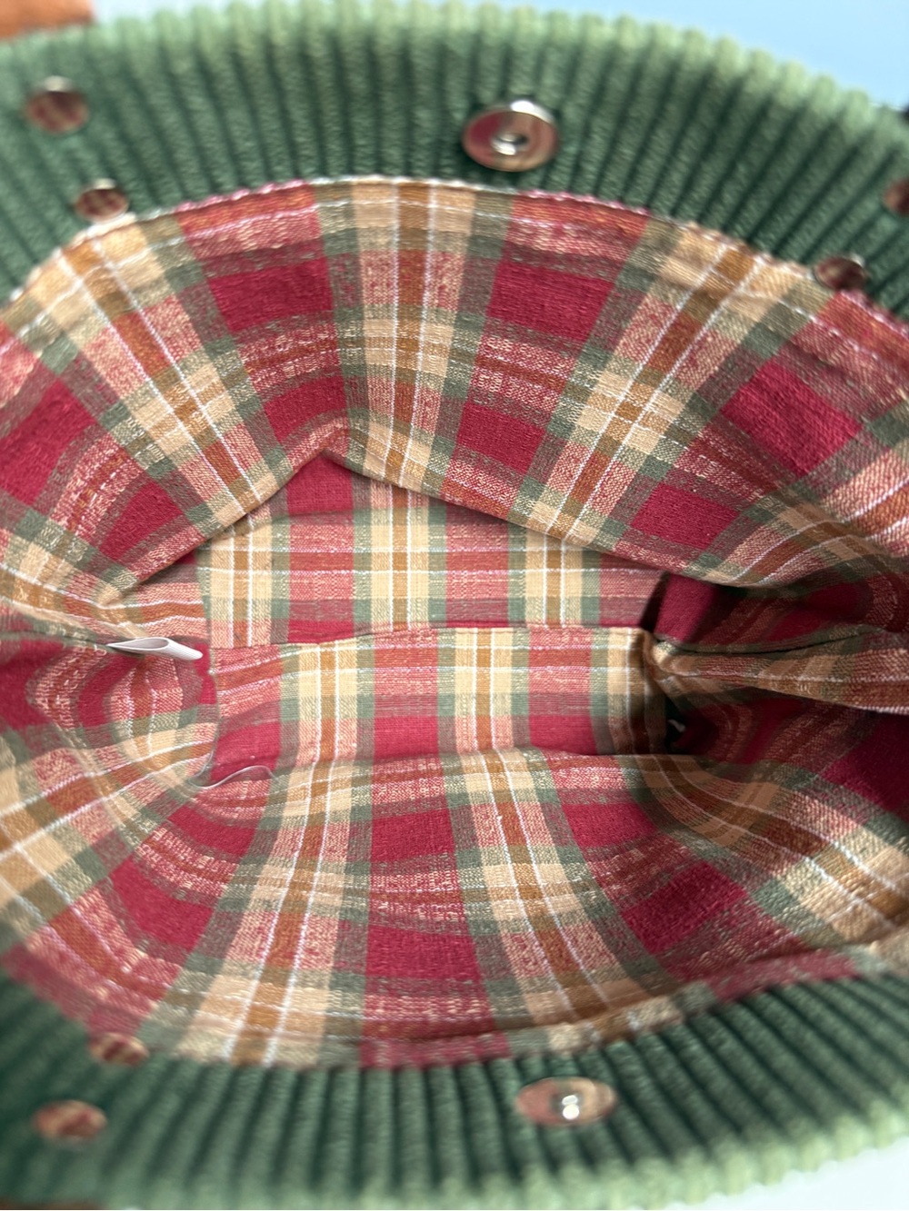 Longaberger Green Corduroy Tote with Brown Leather Accents - Picture 5 of 6